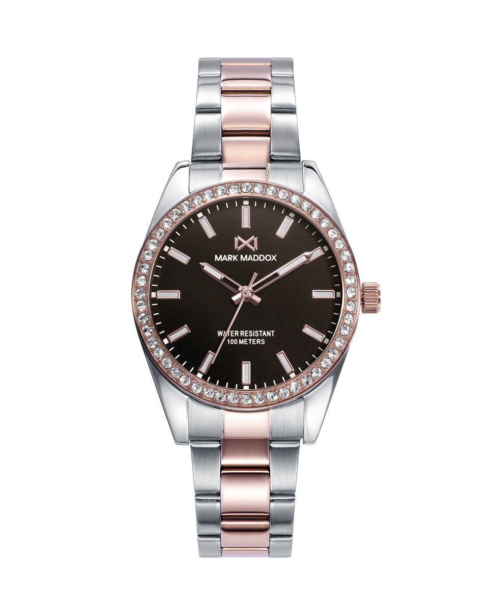 Reloj de mujer Shibuya de esfera marrón y bisel rosado con circonitas
