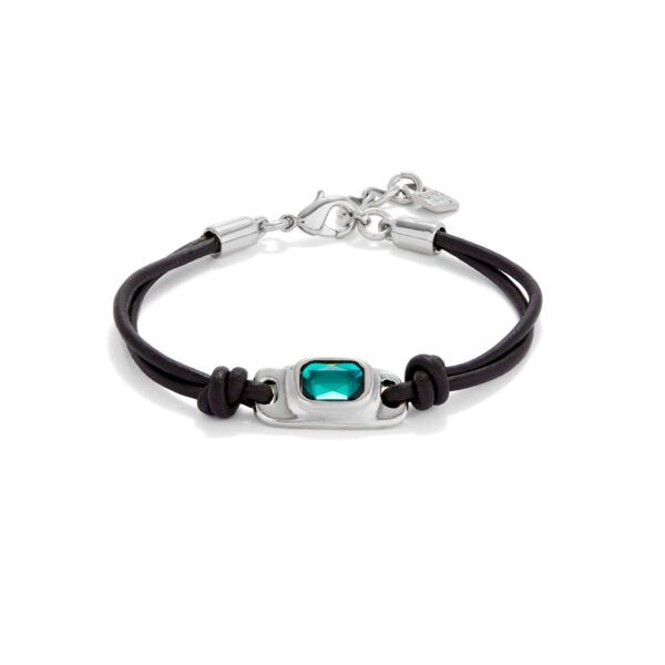 Pulsera de plata y cuero con cristal verde