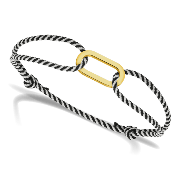 Pulsera chapada en oro satinado y cordón de algodón blanco/negro