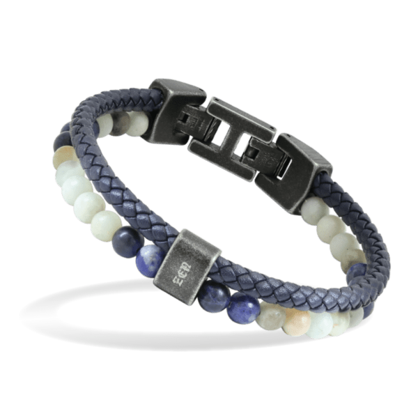 Pulsera acero , cuero trenzado azul marino y perlas