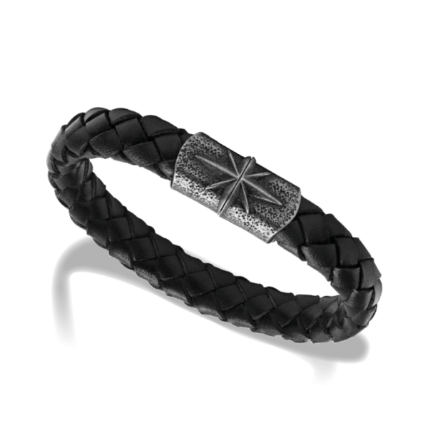 Pulsera KINGDOM Vintage Acero y Cuero Trenzado Negro