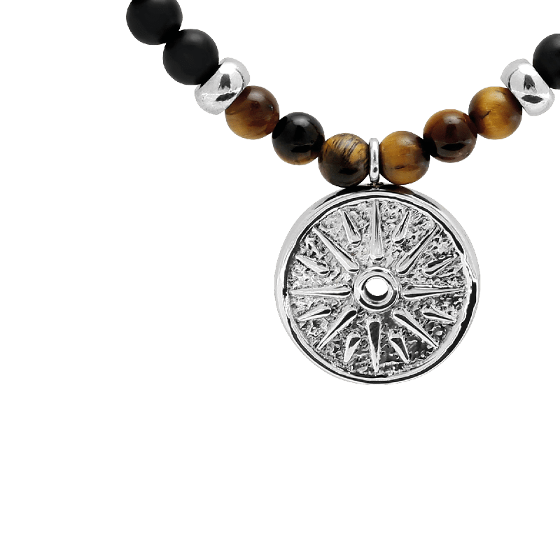 Collar BOHEME ojo de tigre y ágata negra con colgante de acero - Imagen 2