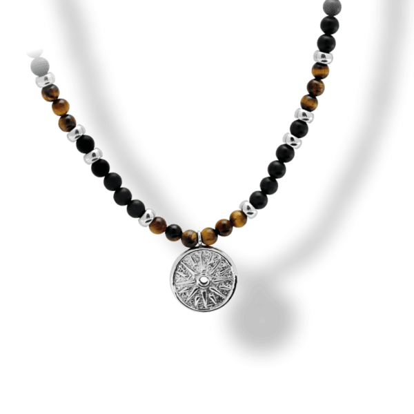 Collar BOHEME ojo de tigre y ágata negra con colgante de acero
