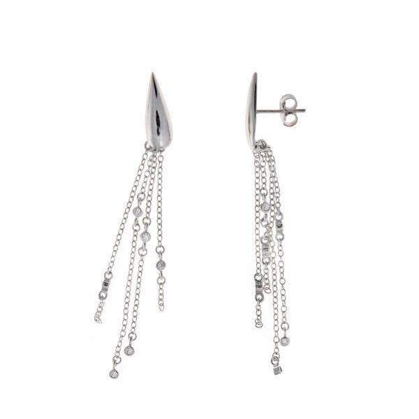 Pendientes de Plata de Ley Diseño de Pera y Cadenas con Chatones de Circonitas Blancas