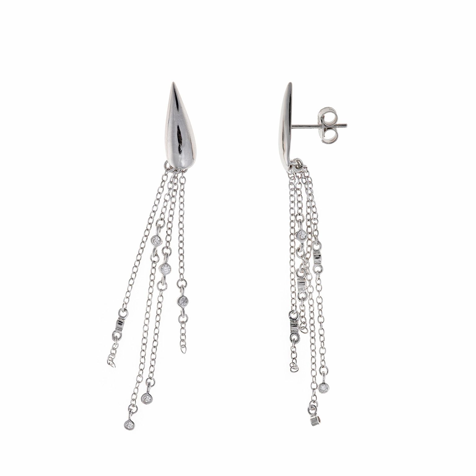Pendientes de Plata de Ley Diseño de Pera y Cadenas con Chatones de Circonitas Blancas