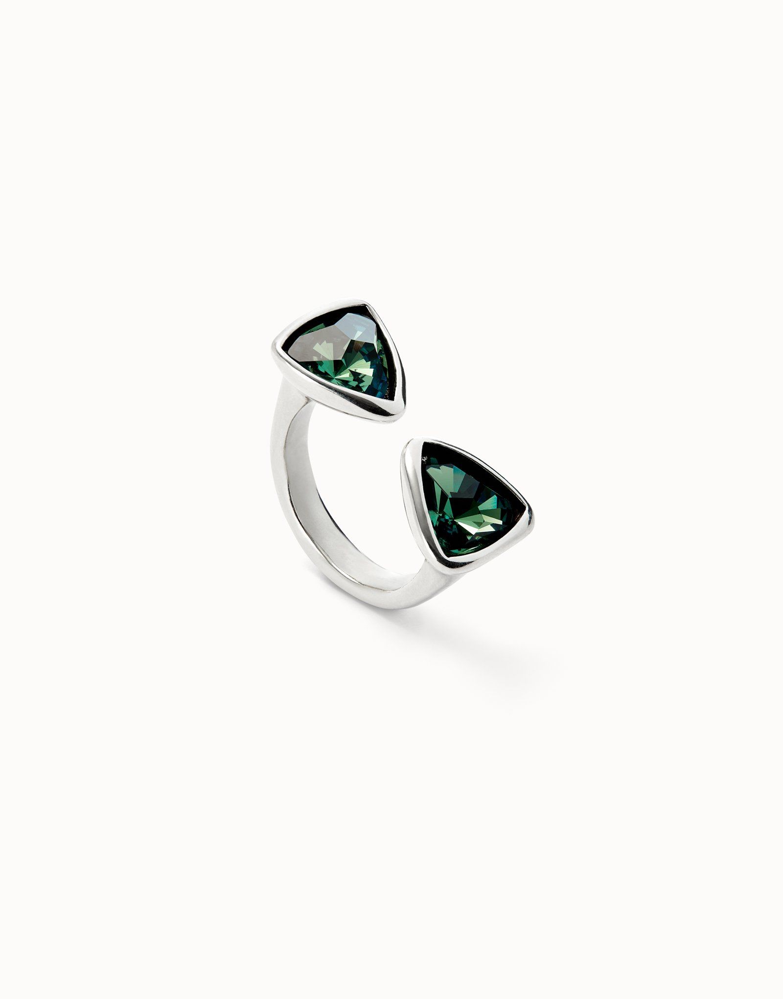 Anillo bañado en plata de ley con cristales verdes triangulares - Imagen 2
